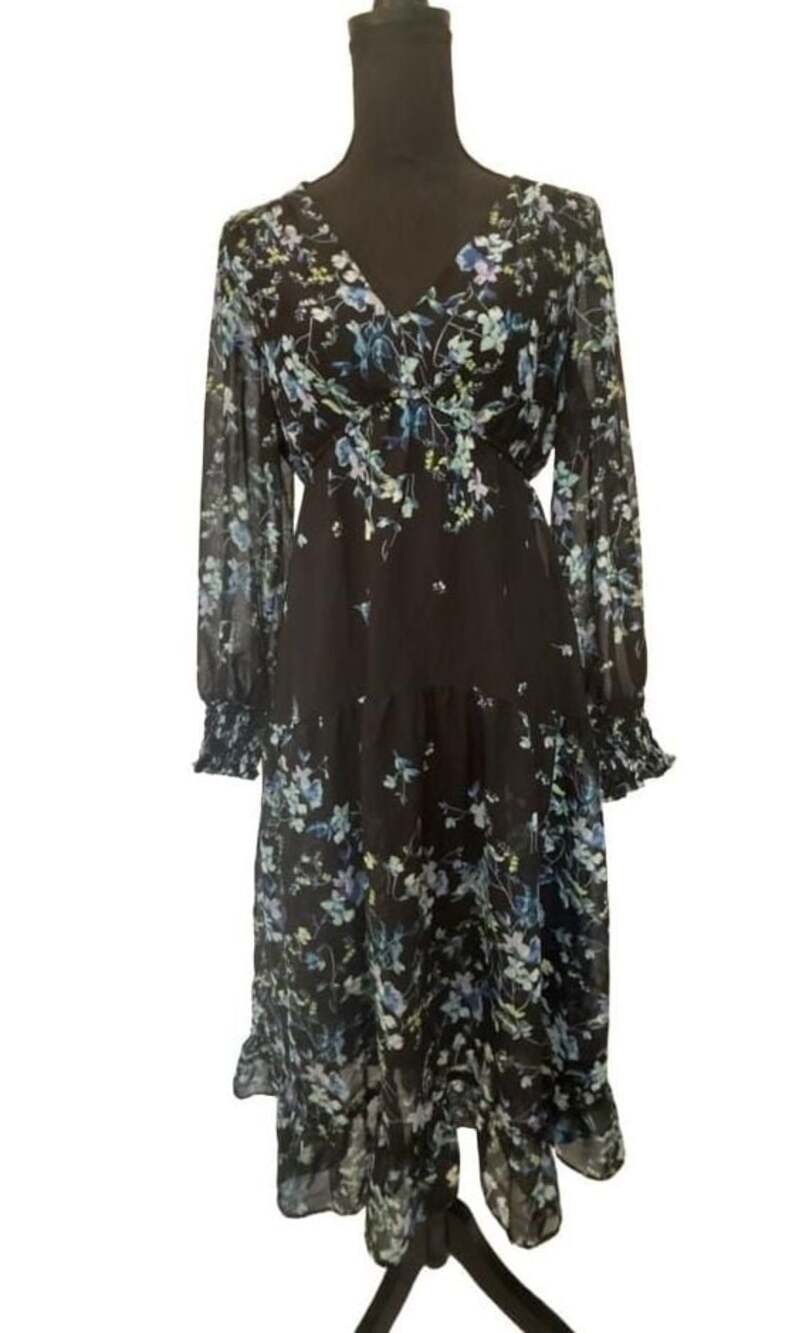 Taylor Petite Floral Print Ruffled-Hem Midi Dress Black Blue